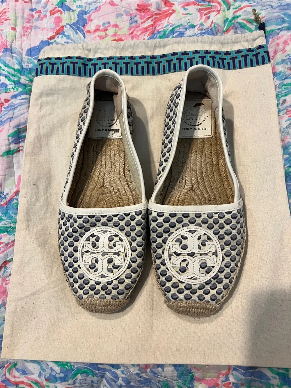 Tory Burch Angus Signature Logo Blue Espadrilles & Dust Bag 9M